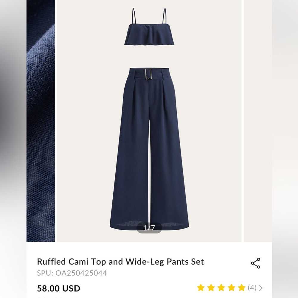 Commense Ruffled Cami Top and Wide-Leg Pants set in Blue - Size Small